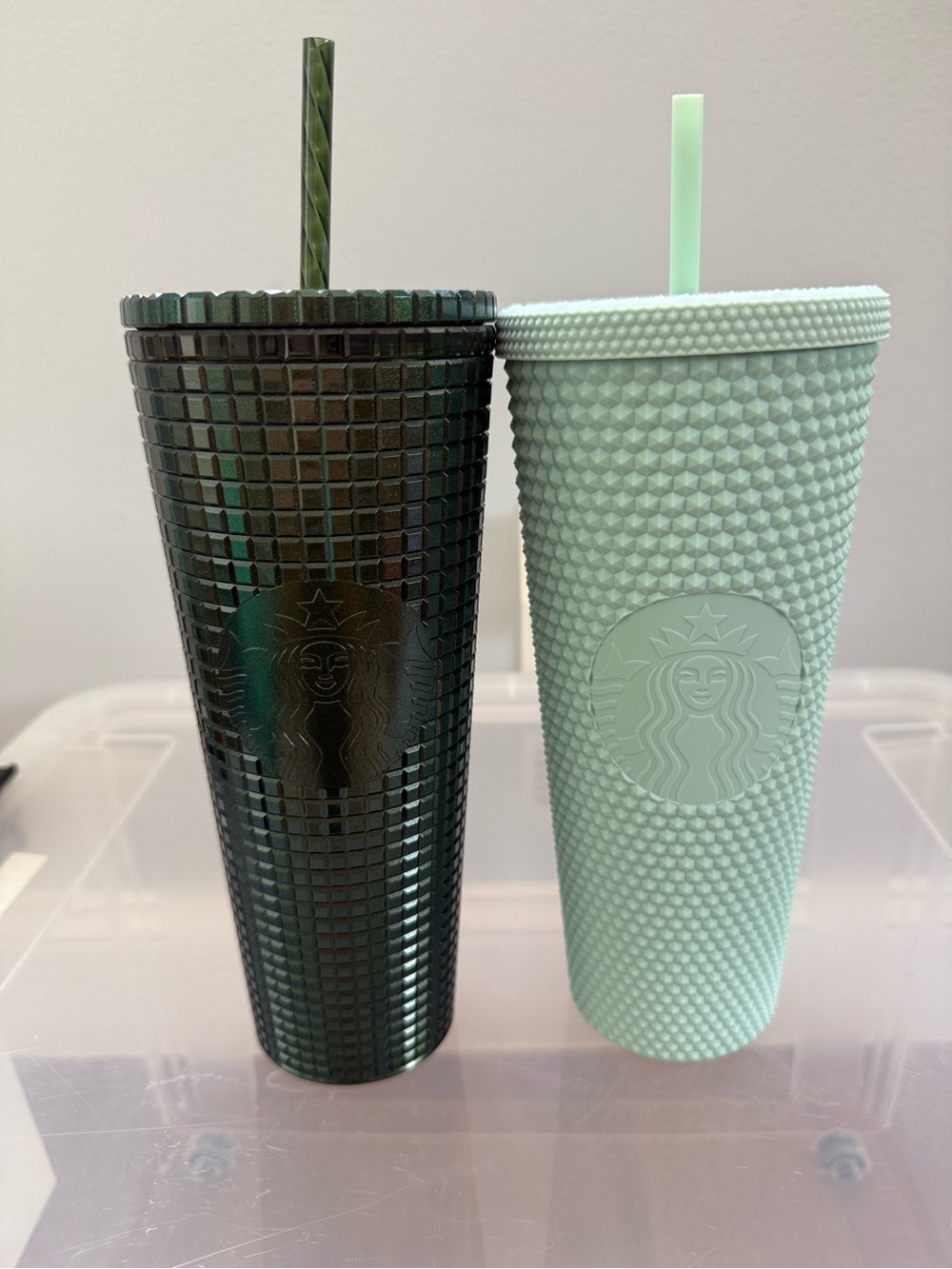 Starbucks Mint Green and Iridescent Dark Green Studded Cold Cup Duo